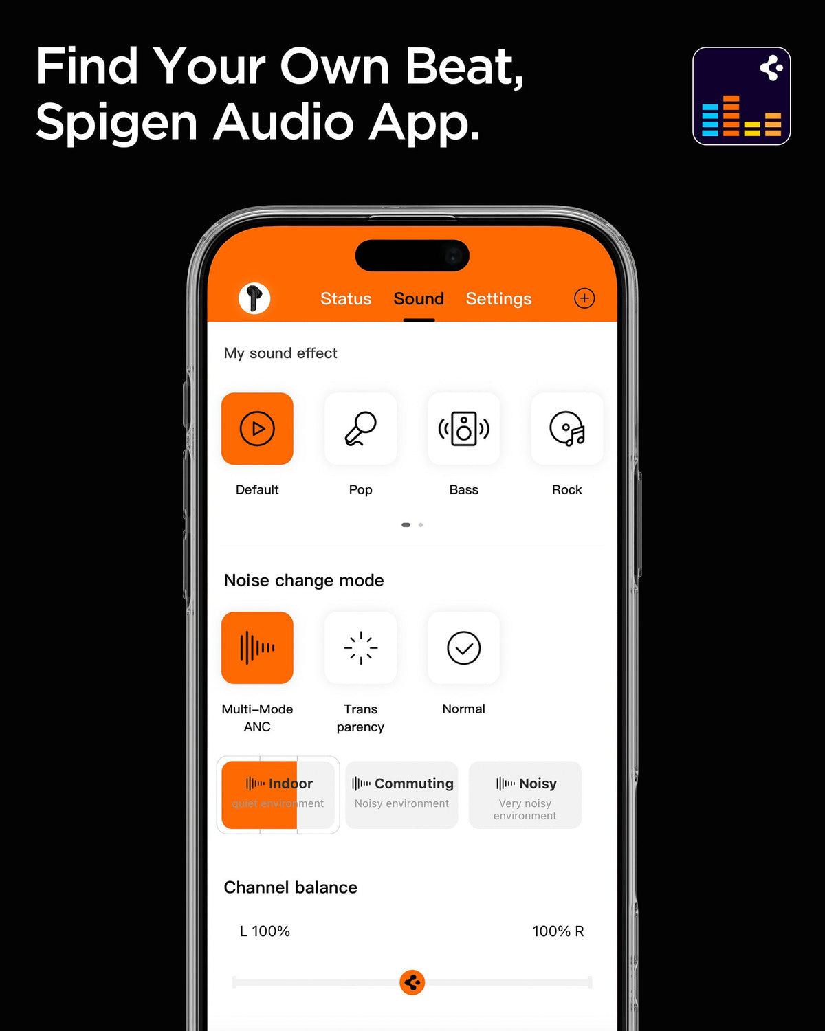 ASD07964 - Spigen True Wireless Earbuds SA2402 in White showing finding your own beat, Spigen Audio App.