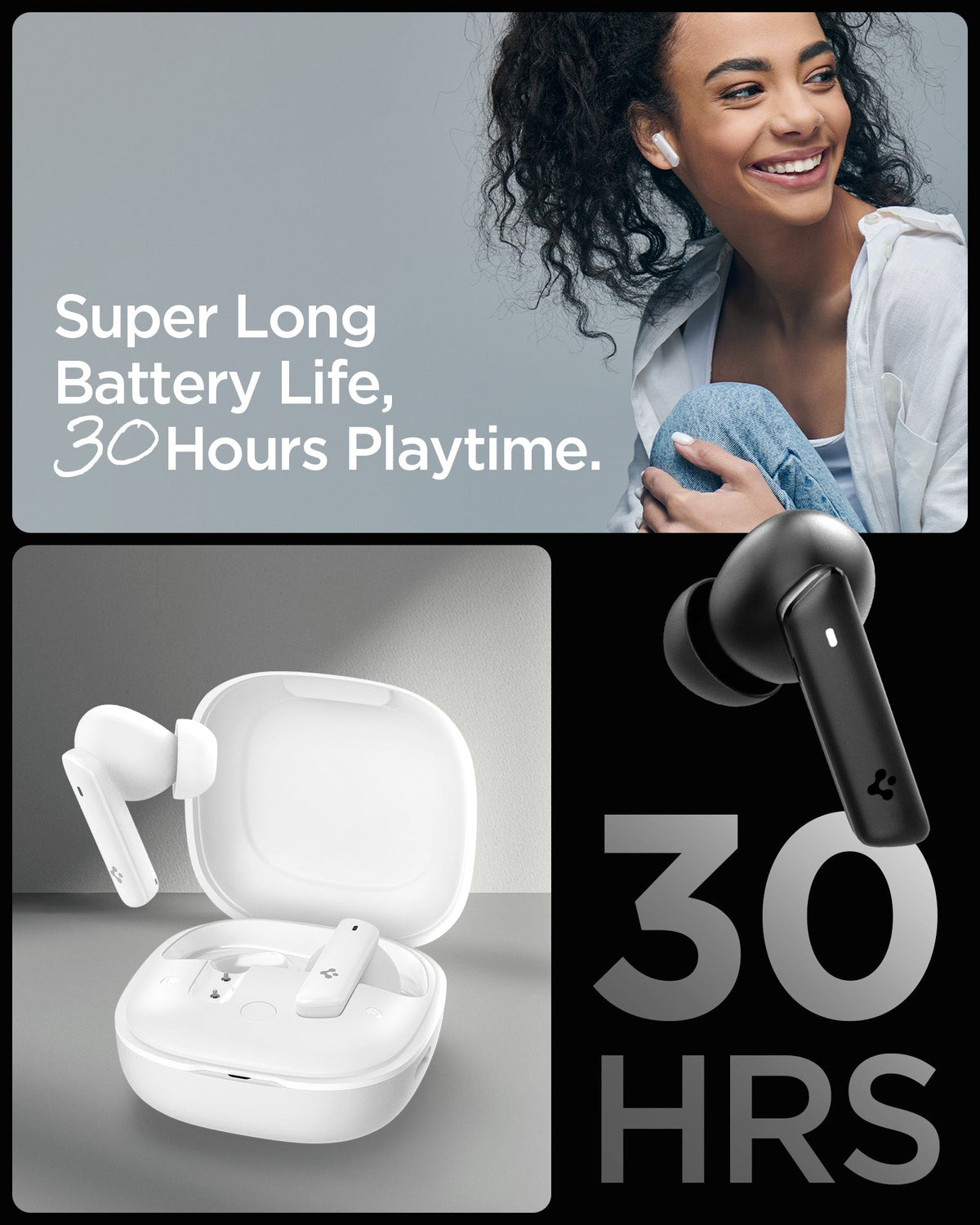 ASD07888 - Spigen True Wireless Earbuds SA2402 in Black showing the super long battery life, 30 hours playtime