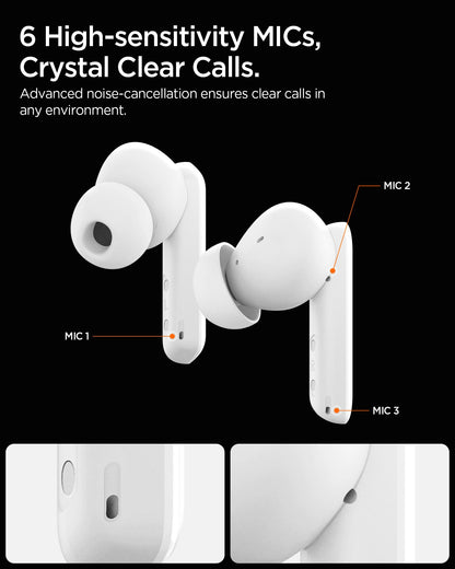 ASD07964 - Spigen True Wireless Earbuds SA2402 in White showing the 6 High-sensitivity MIC's crystal clear calls. Advance noise-cancellation ensures clear calls in any environment