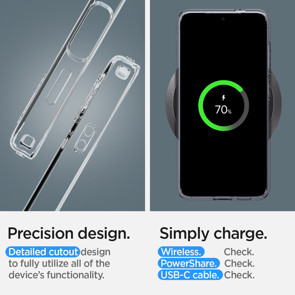 ACS07323 - Galaxy S24 Plus Case Liquid Crystal in Crystal precision design. Detail cutout design to fully utilize all of the device's functionality. Simply charge wireless check. power share check. USB-C cable check.