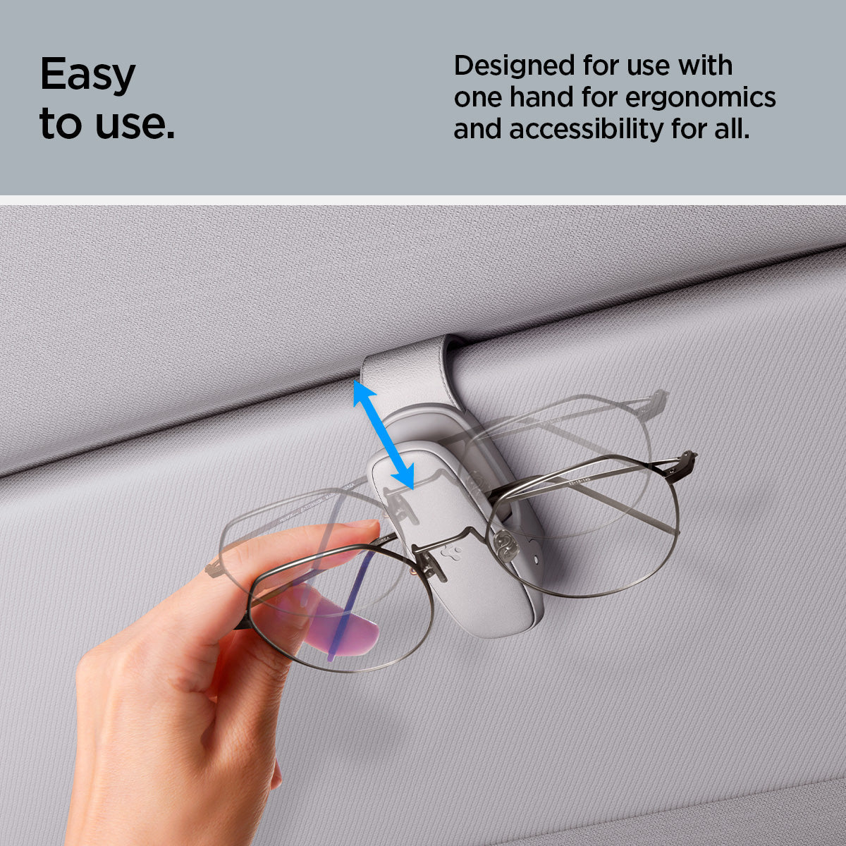 ACP08825 - Visor Sunglass Holder SH100 in Gray showing the easy to use, designed for use with on hand for ergonomics and accessibility for all