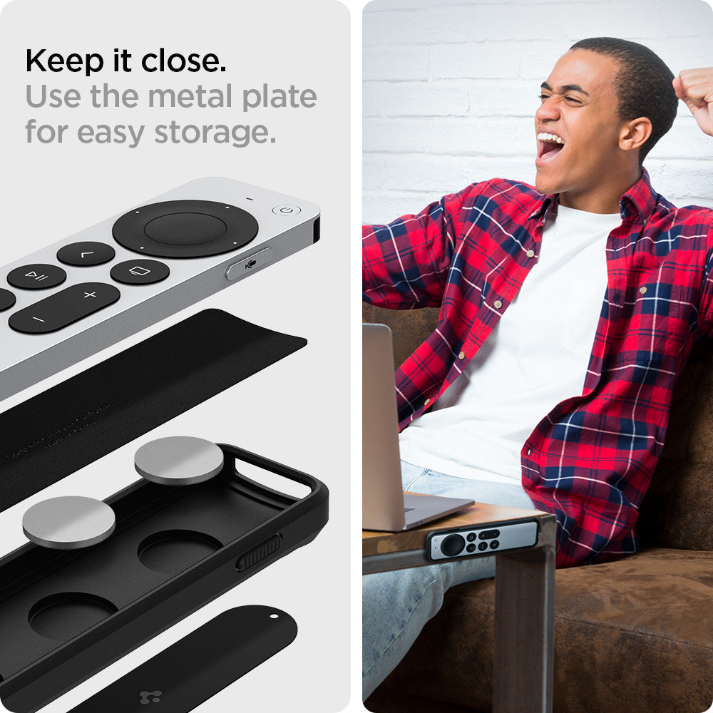 ACS03745 - Siri Remote (2nd Gen) Rugged Armor Magnetic Tech in matte black showing the use of metal plate for easy storage