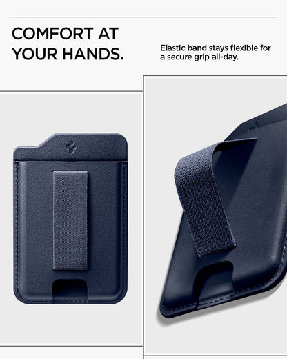 AFA10804 - MagSafe SleekBand Card Holder | 3 Cards (MagFit) in Modern Navy showing comfort at your hands. elastic band stays flexible for a secure grip all day