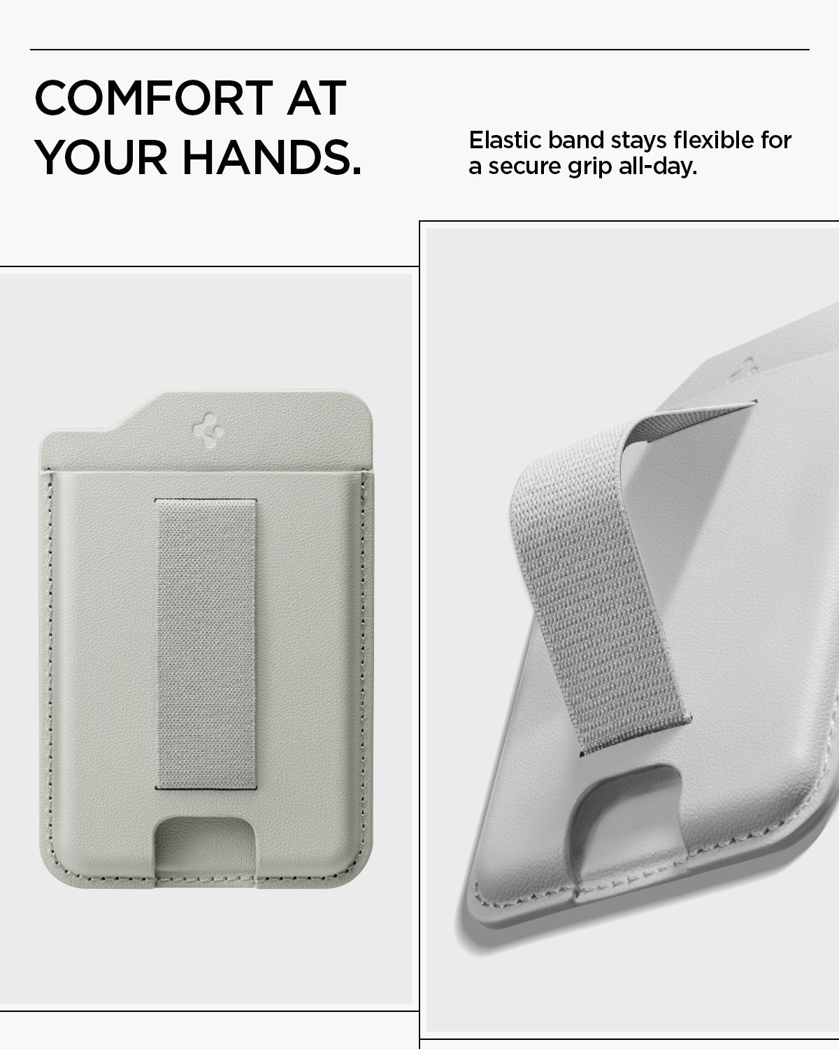 AFA10803 - MagSafe SleekBand Card Holder | 3 Cards (MagFit) in Urban Gray showing comfort at your hands. elastic band stays flexible for a secure grip all day