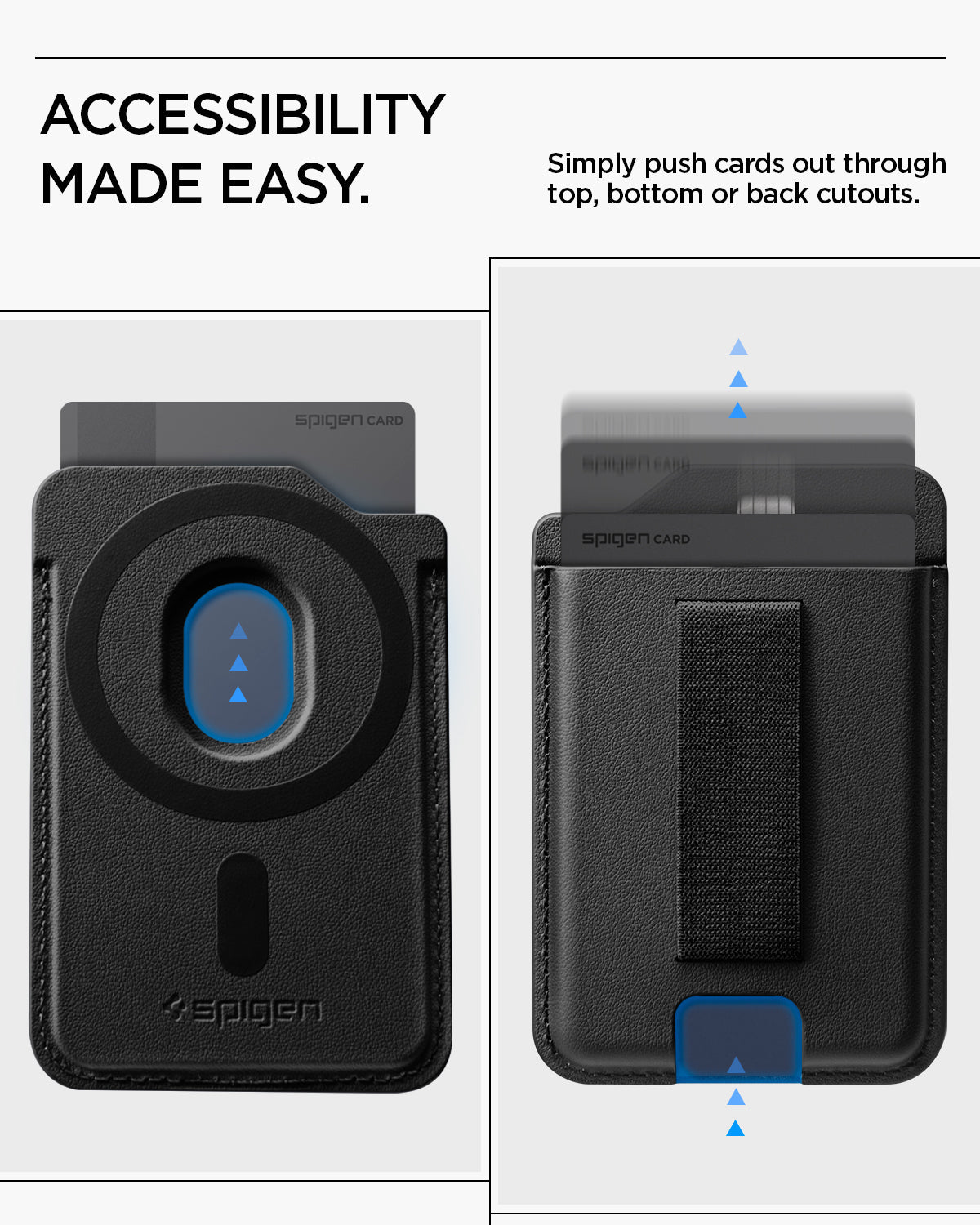 AFA10802 - MagSafe SleekBand Card Holder | 3 Cards (MagFit) in Dark Black showing accessibility made easy. simply push cards out through top bottom or back cutouts