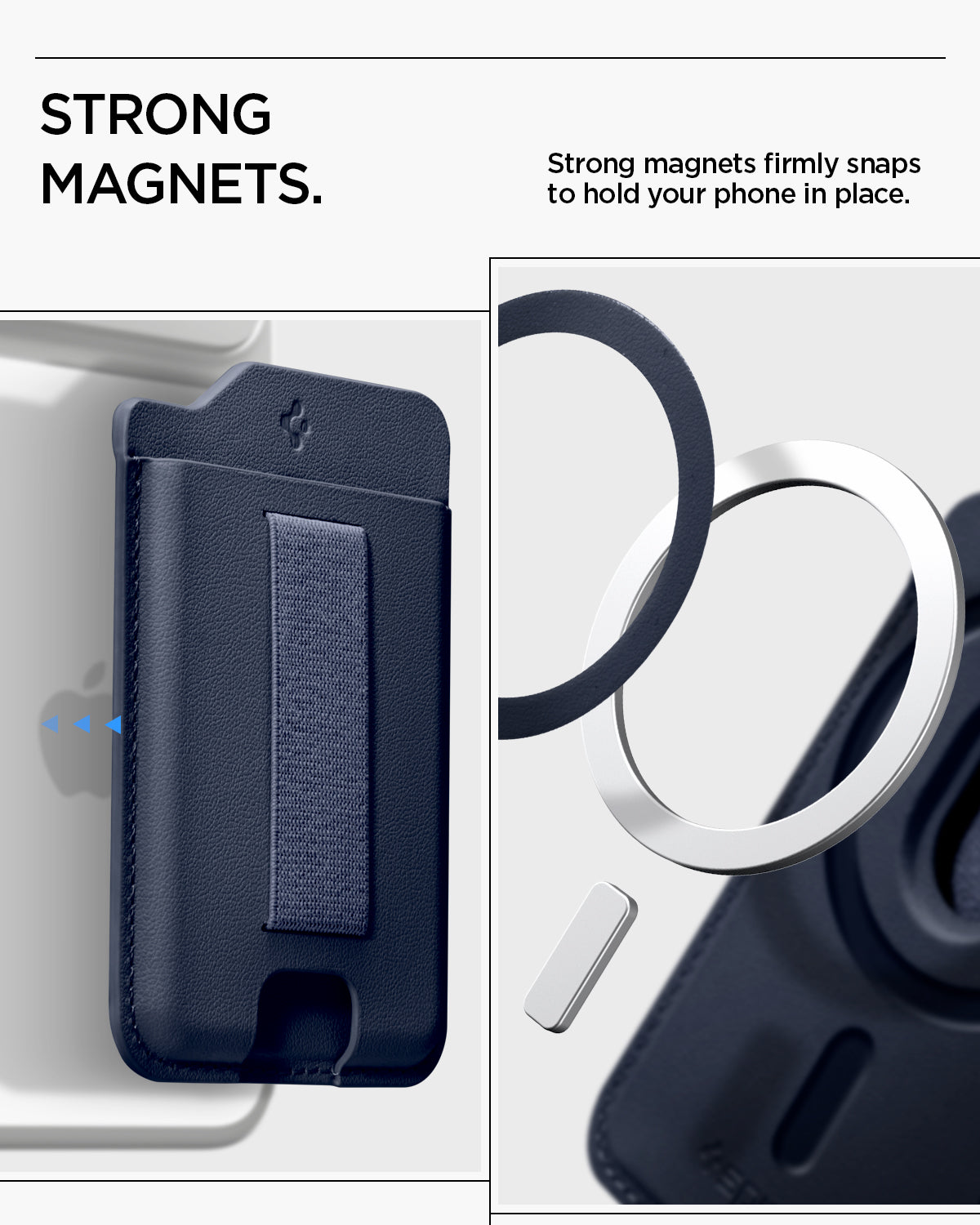 AFA10804 - MagSafe SleekBand Card Holder | 3 Cards (MagFit) in Modern Navy showing strong magnets. strong magnets firmly snaps to hold your phone in place