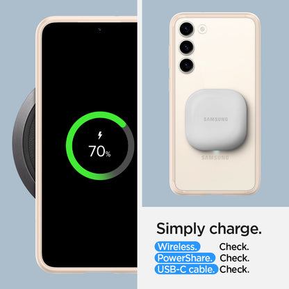 ACS06086 - Galaxy S23 Case Ultra Hybrid in sand beige Simply charge wireless check. power share check. USB-C cable check.