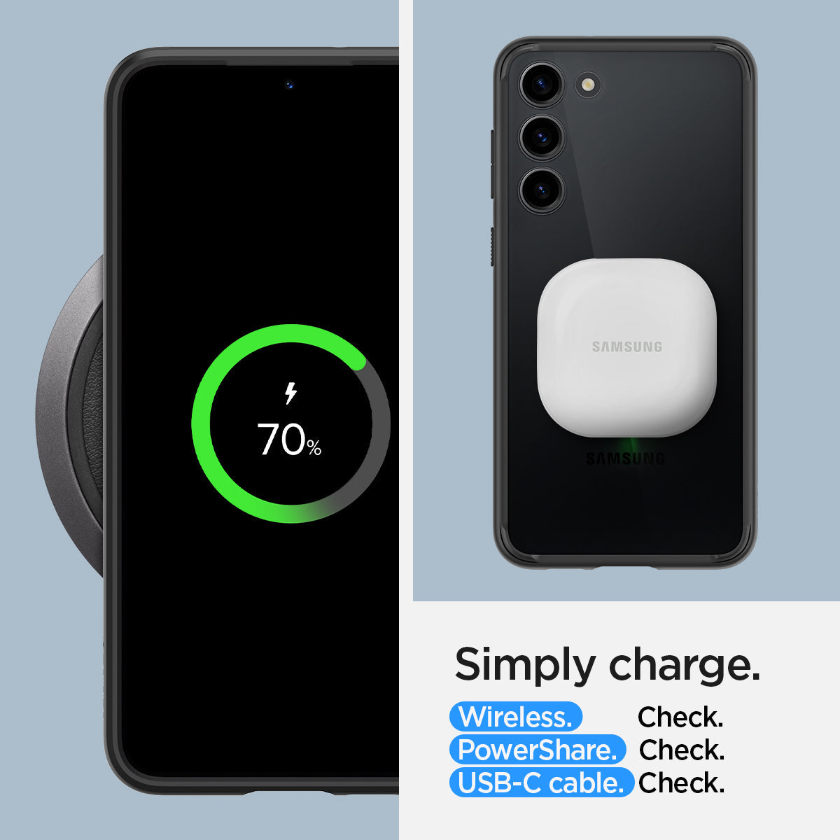 ACS05715 - Galaxy S23 Case Ultra Hybrid in black Simply charge wireless check. power share check. USB-C cable check.