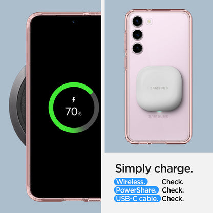 ACS06087 - Galaxy S23 Case Ultra Hybrid in rose crystal Simply charge wireless check. power share check. USB-C cable check.