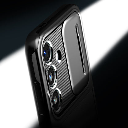 ACS07363 - Galaxy S24 Case Optik Armor in Black showing the partial back, top and side, slider open, camera zoomed in