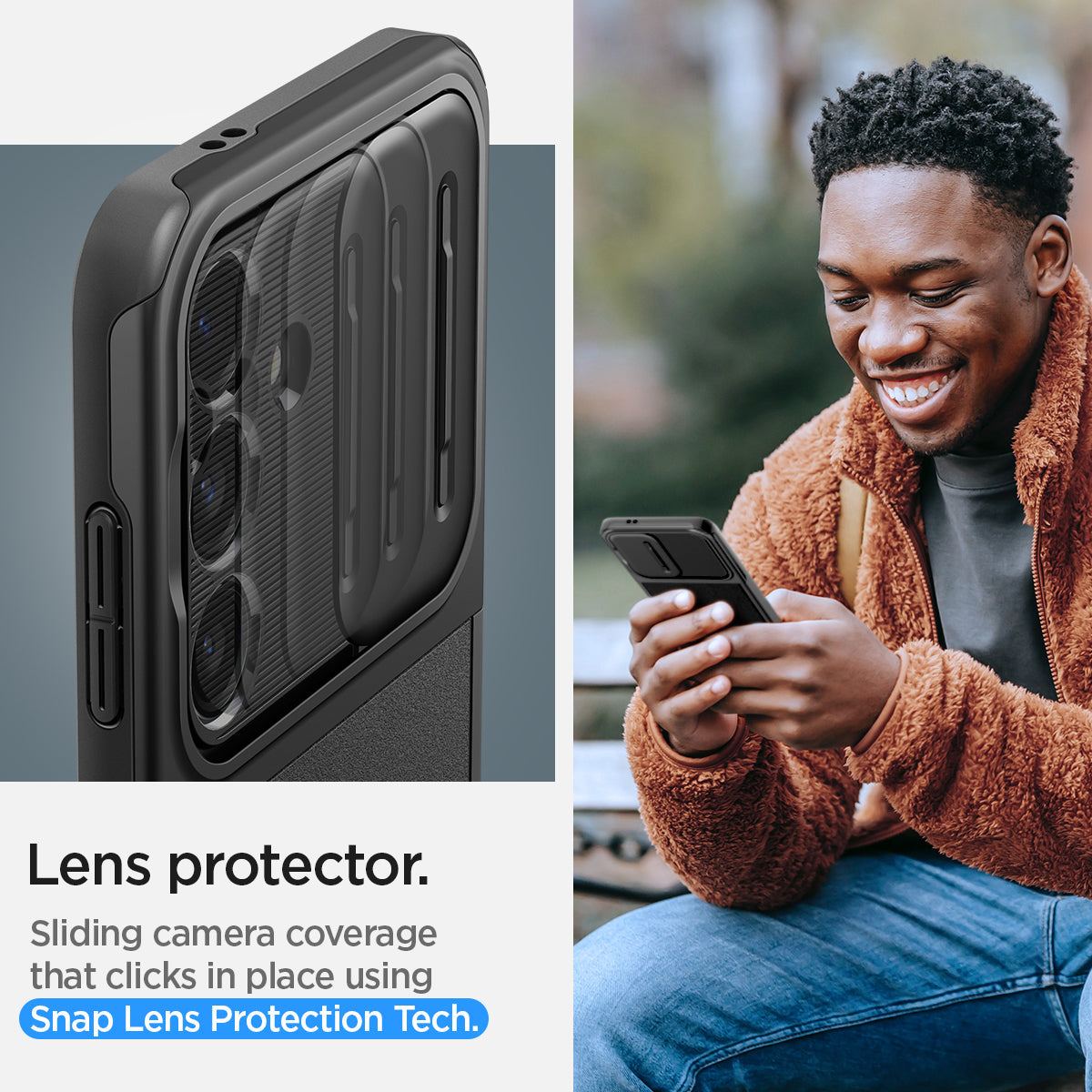 ACS07363 - Galaxy S24 Case Optik Armor in Black showing the lens protector. Sliding camera coverage that clicks in place using Snap Lens Protection Tech