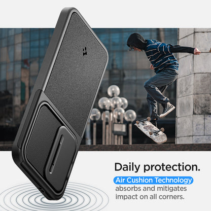 ACS07363 - Galaxy S24 Case Optik Armor in Black showing the daily protection. Air Cushion Technology absorbs and mitigates impact on all corners