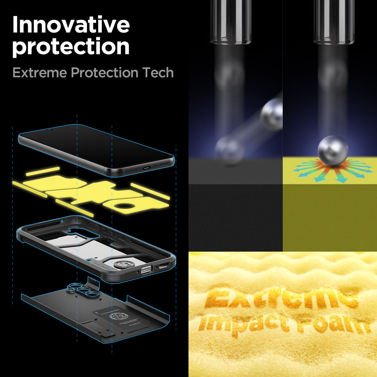 ACS05882 - Galaxy A34 5G Case Tough Armor in Black showing the innovative protection. Extreme Protection Tech