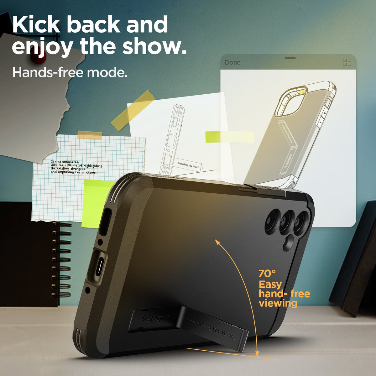 ACS05882 - Galaxy A34 5G Case Tough Armor in Black showing the 70 degrees easy hand-free viewing