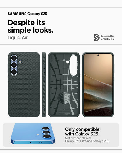 ACS09001 - Galaxy S25 Case Liquid Air in Abyss Green showing the compatibility. Only compatible with Galaxy S25 and not compatible with Galaxy S25+ and Galaxy S25 Ultra