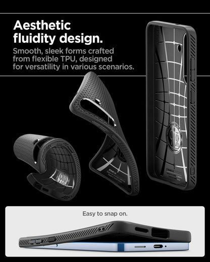 ACS09000 - Galaxy S25 Case Liquid Air in Matte Black showing the aesthetic fluidity design. Smooth, sleek forms crafted from flexible TPU, designed for versatility in various scenarios. East to snap on