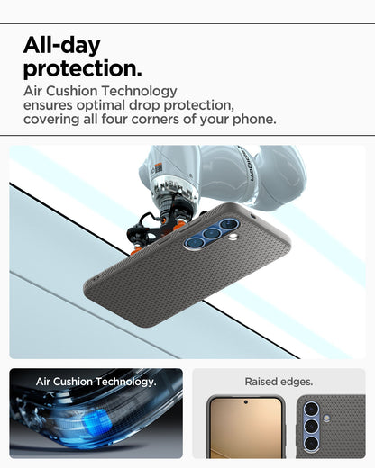 ACS09404 - Galaxy S25 Case Liquid Air in Abyss Green showing the all-day protection. Air Cushion Technology ensures optimal drop protection, covering all four corners of your phone. Air Cushion Technology. Raised edges