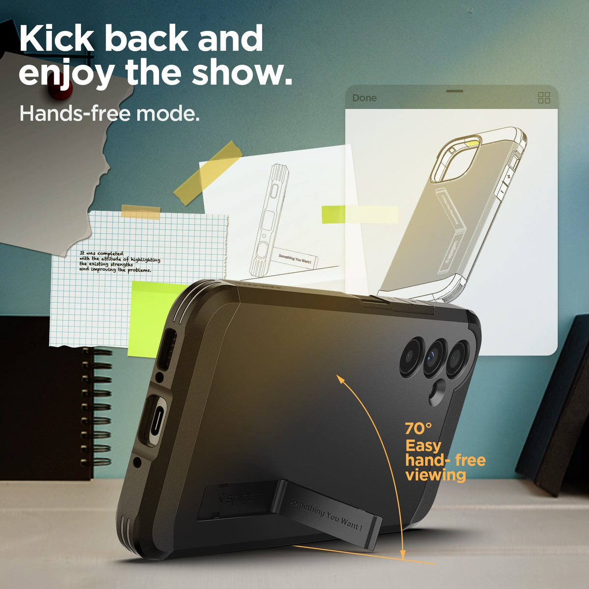 ACS05881 - Galaxy A54 5G Case Tough Armor in Black showing the 70 degrees easy hand-free viewing