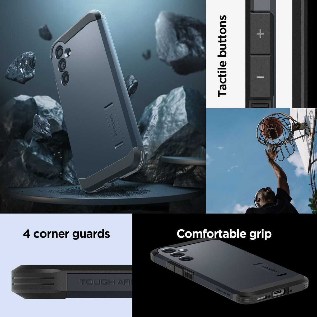 ACS05884 - Galaxy A54 5G Case Tough Armor in Metal Slate showing the tactile buttons with comfortable grip and 4 corner guards