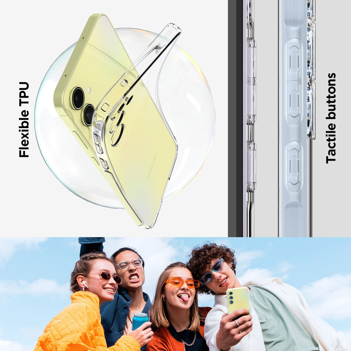 ACS07537 - Galaxy A55 5G Case Liquid Crystal in Crystal Clear Flexible TPU, tactile buttons.