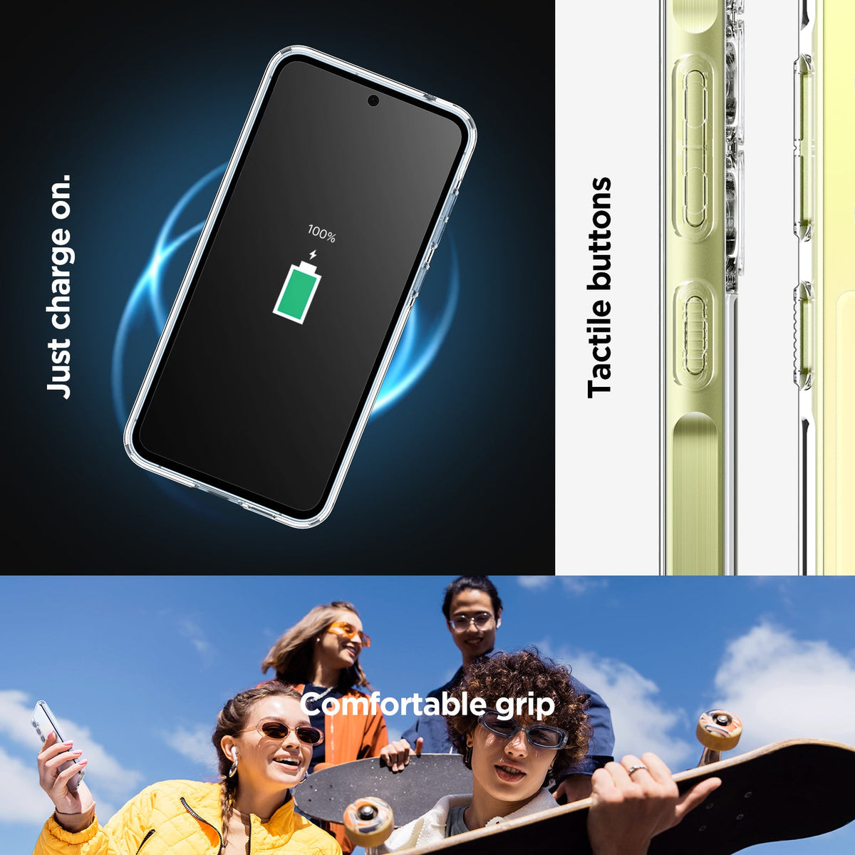 ACS07528 - Galaxy A55 5G Case Ultra Hybrid in Crystal Clear just charge on. Tactile buttons. Comfortable grip.