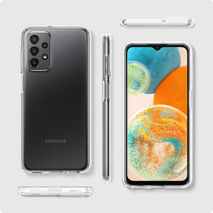 ACS04594 - Galaxy A23 5G Case Liquid Crystal in Crystal Clear showing side, front and back with case open.