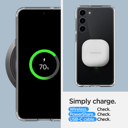 ACS05668 - Galaxy S23 Plus Case Ultra Hybrid in crystal clear Simply charge wireless check. power share check. USB-C cable check.