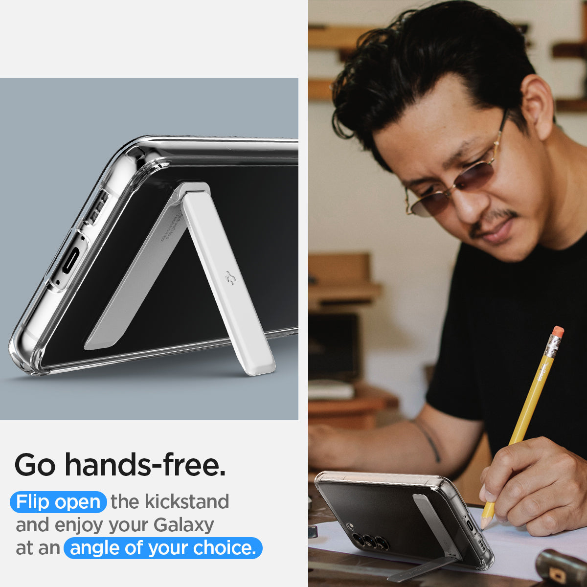 ACS05671 - Galaxy S23 Plus Case Ultra Hybrid S in crystal clear go hands free. Flip open the kick stand and enjoy your galaxy at an angle of your choice.