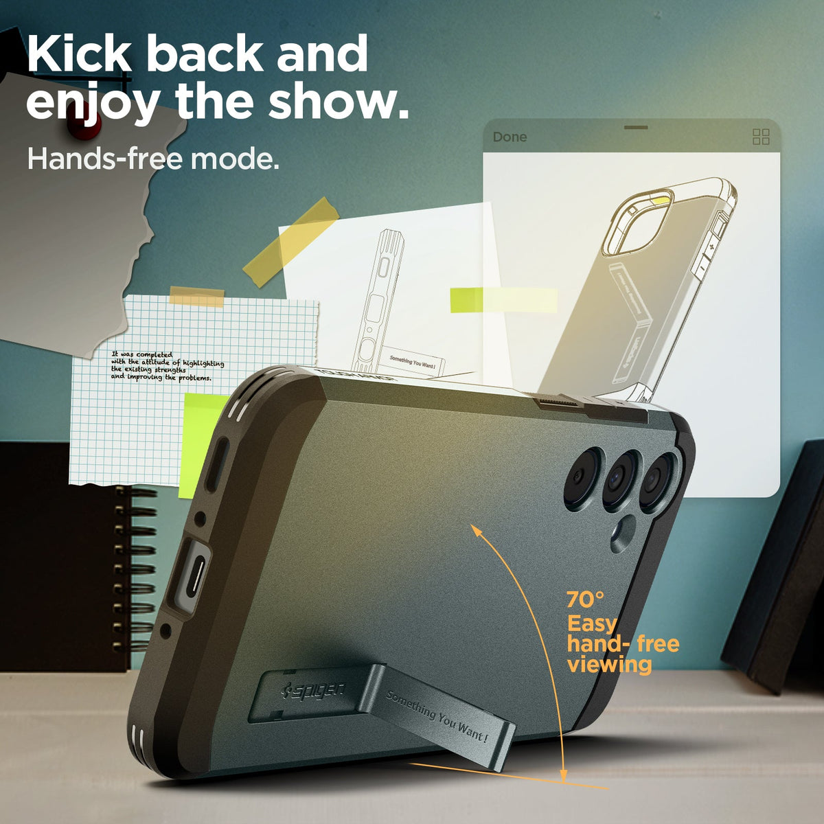 ACS07518 - Galaxy A35 5G Case Tough Armor in Abyss Green showing the 70 degrees easy hand-free viewing