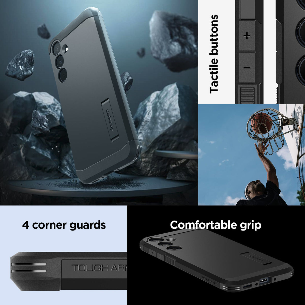 ACS07517 - Galaxy A35 5G Case Tough Armor in Black showing the tactile buttons with comfortable grip and 4 corner guards