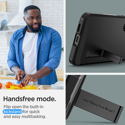 ACS07332 - Galaxy S24 Plus Case Tough Armor in Black showing the handsfree mode. Flip open the built-in kickstand for quick and easy multitasking