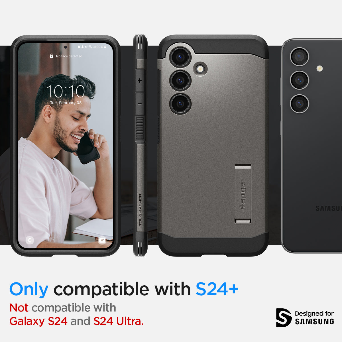 ACS07333 - Galaxy S24 Plus Case Tough Armor in Gunmetal showing the compatibility only with S24+. Not compatible with Galaxy S24 and S24 Ultra
