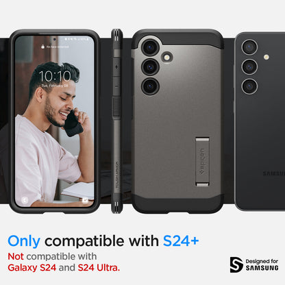 ACS07333 - Galaxy S24 Plus Case Tough Armor in Gunmetal showing the compatibility only with S24+. Not compatible with Galaxy S24 and S24 Ultra