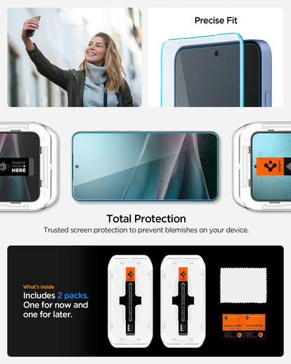 AGL07430 - Galaxy S25 Plus GLAS.tR EZ Fit in Clear showing the precise fit, total protection. Trusted screen protection to prevent blemishes on your device, what's inside: includes 2 packs, one for now and for later