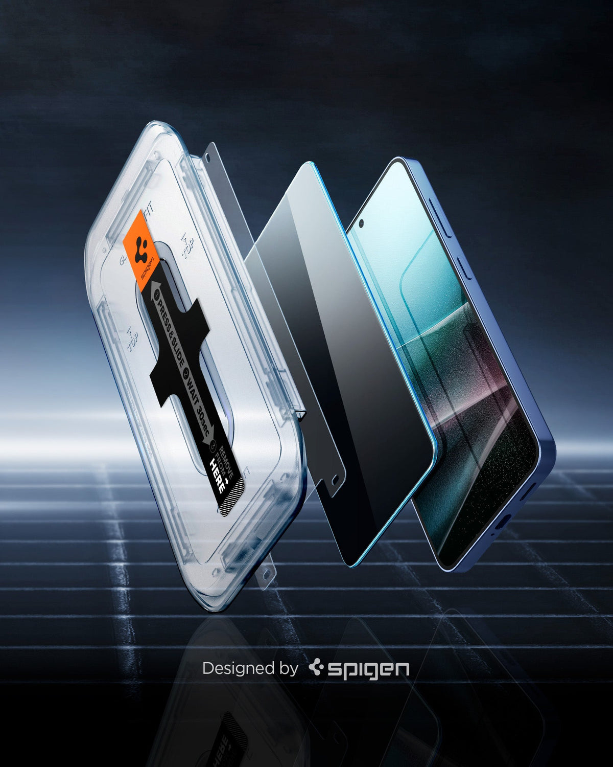 AGL07626 - Galaxy S25 Plus GLAS.tR EZ Fit in Privacy showing the alignment tray hovering in front of the film strip, screen protector and the device
