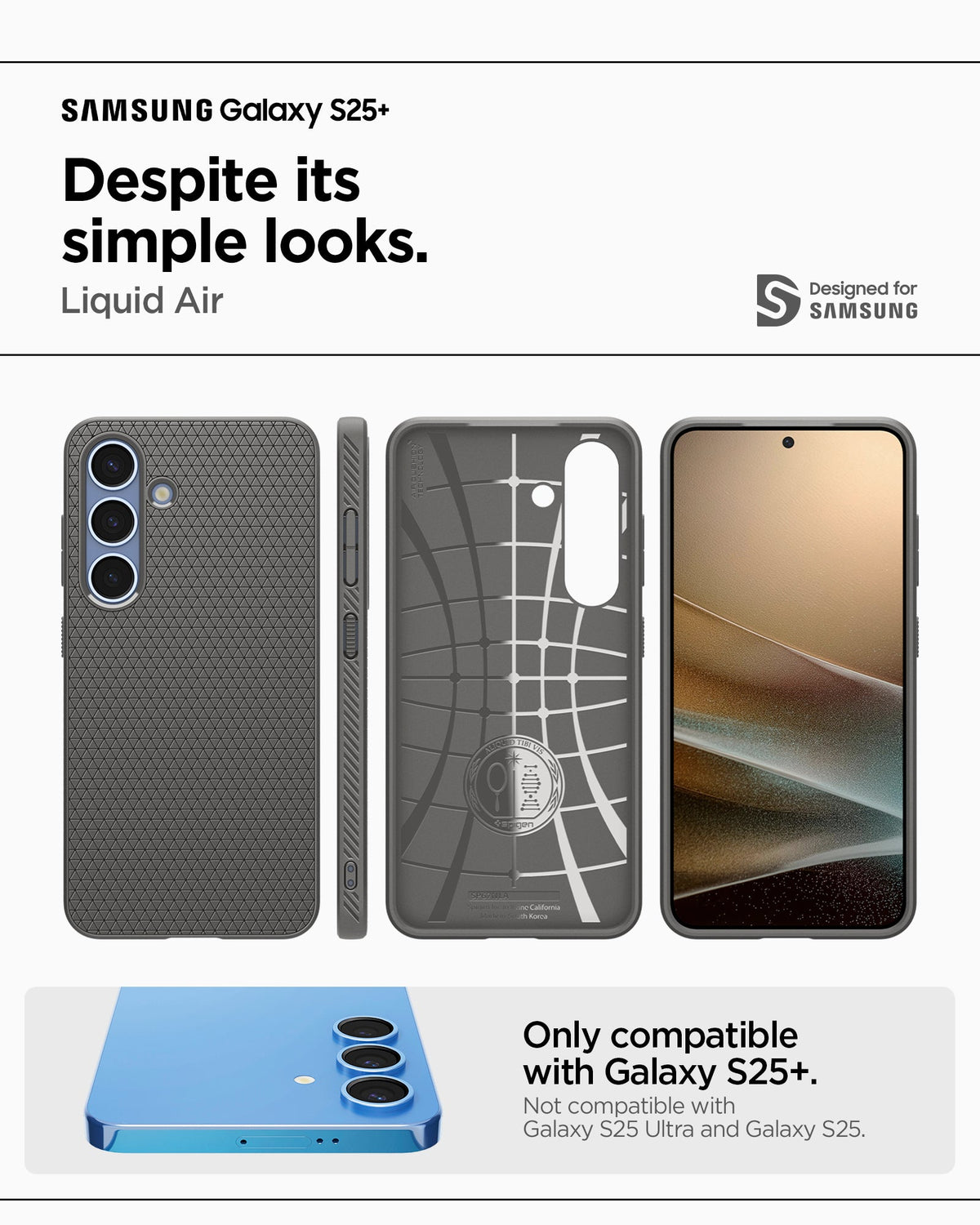 ACS08980 - Galaxy S25 Plus Case Liquid Air in Marble Gray showing the compatibility. Only compatible with Galaxy S25+ and not compatible with Galaxy S25 and Galaxy S25 Ultra
