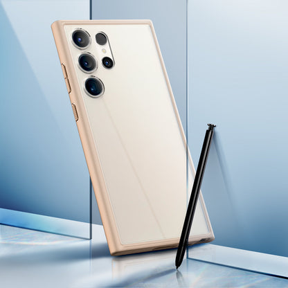 ACS06078 - Galaxy S23 Ultra Case Ultra Hybrid in sand beige showing clear back with S pen.