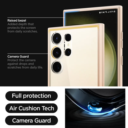 ACS06078 - Galaxy S23 Ultra Case Ultra Hybrid in sand beige raised bezel added depth that protects the screen from daily scratches. camera guard protect the camera against drops and scratches from daily life. full protection. air cushion tech. camera guard.