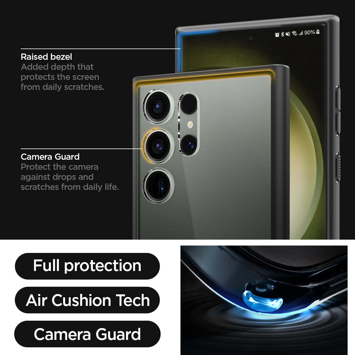 ACS05618 - Galaxy S23 Ultra Case Ultra Hybrid in black raised bezel added depth that protects the screen from daily scratches. camera guard protect the camera against drops and scratches from daily life. full protection. air cushion tech. camera guard.