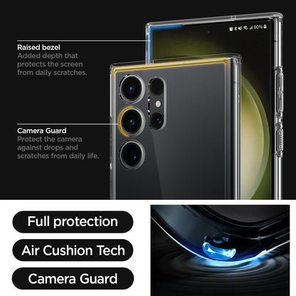 ACS05617 - Galaxy S23 Ultra Case Ultra Hybrid in crystal clear raised bezel added depth that protects the screen from daily scratches. camera guard protect the camera against drops and scratches from daily life. full protection. air cushion tech. camera guard.