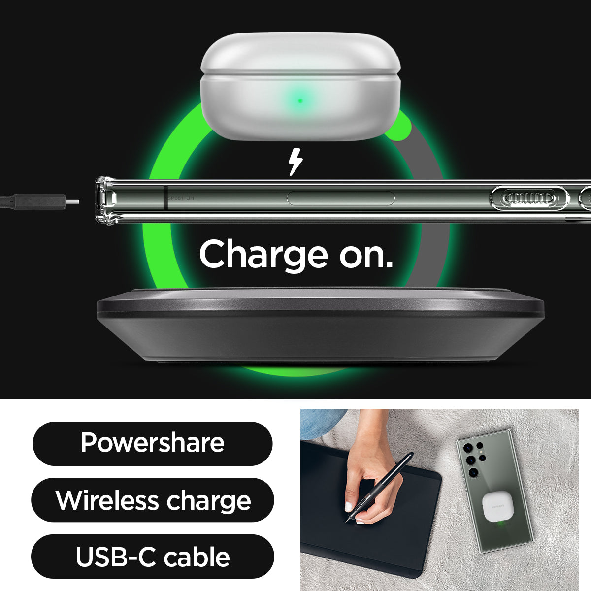 ACS05617 - Galaxy S23 Ultra Case Ultra Hybrid in crystal clear charge on. powershare. wireless charge. USB-C cable.