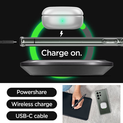 ACS05617 - Galaxy S23 Ultra Case Ultra Hybrid in crystal clear charge on. powershare. wireless charge. USB-C cable.