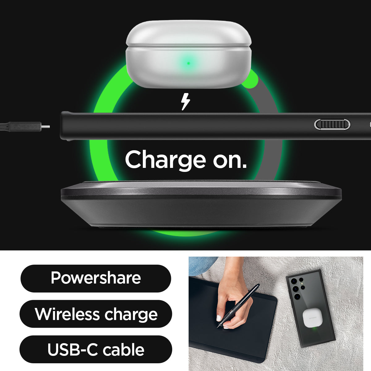 ACS05619 - Galaxy S23 Ultra Case Ultra Hybrid in frost black charge on. powershare. wireless charge. USB-C cable.