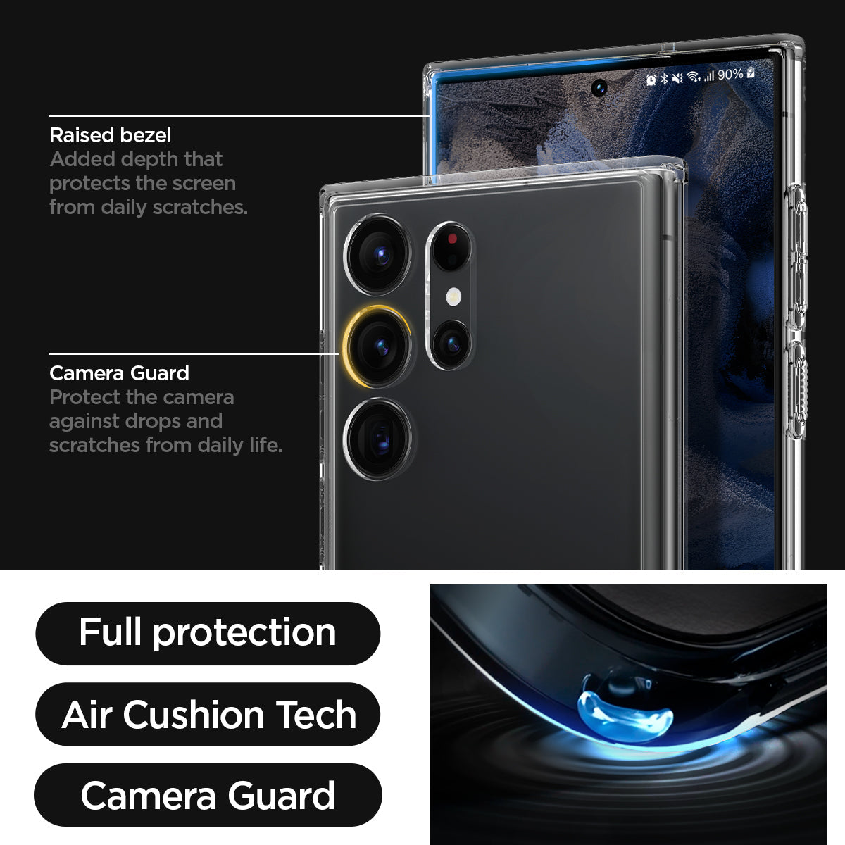 ACS05622 - Galaxy S23 Ultra Case Ultra Hybrid S in crystal clear raised bezel added depth that protects the screen from daily scratches. camera guard protect the camera against drops and scratches from daily life. full protection. air cushion tech. camera guard.