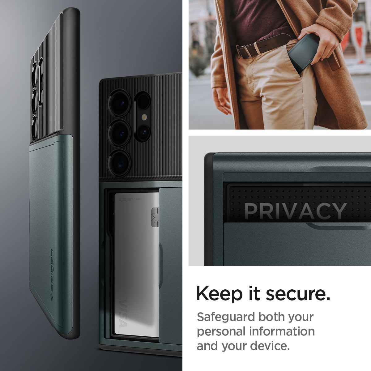 ACS07307 - Galaxy S24 Ultra Case Slim Armor CS in Abyss Green showing how keeping it secure. Safeguard both your personal information and your device