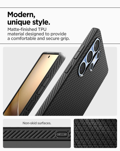 ACS08953 - Galaxy S25 Ultra Case Liquid Air in Matte Black showing the modern unique style. Matte-finished TPU material designed to provide a comfortable and secure grip. Non-skid surfaces