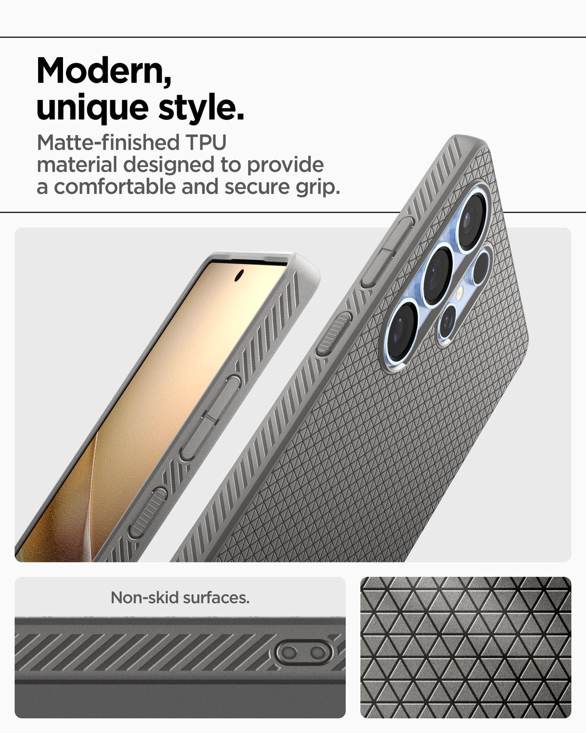 ACS08954 - Galaxy S25 Ultra Case Liquid Air in Marble Gray showing the modern unique style. Matte-finished TPU material designed to provide a comfortable and secure grip. Non-skid surfaces