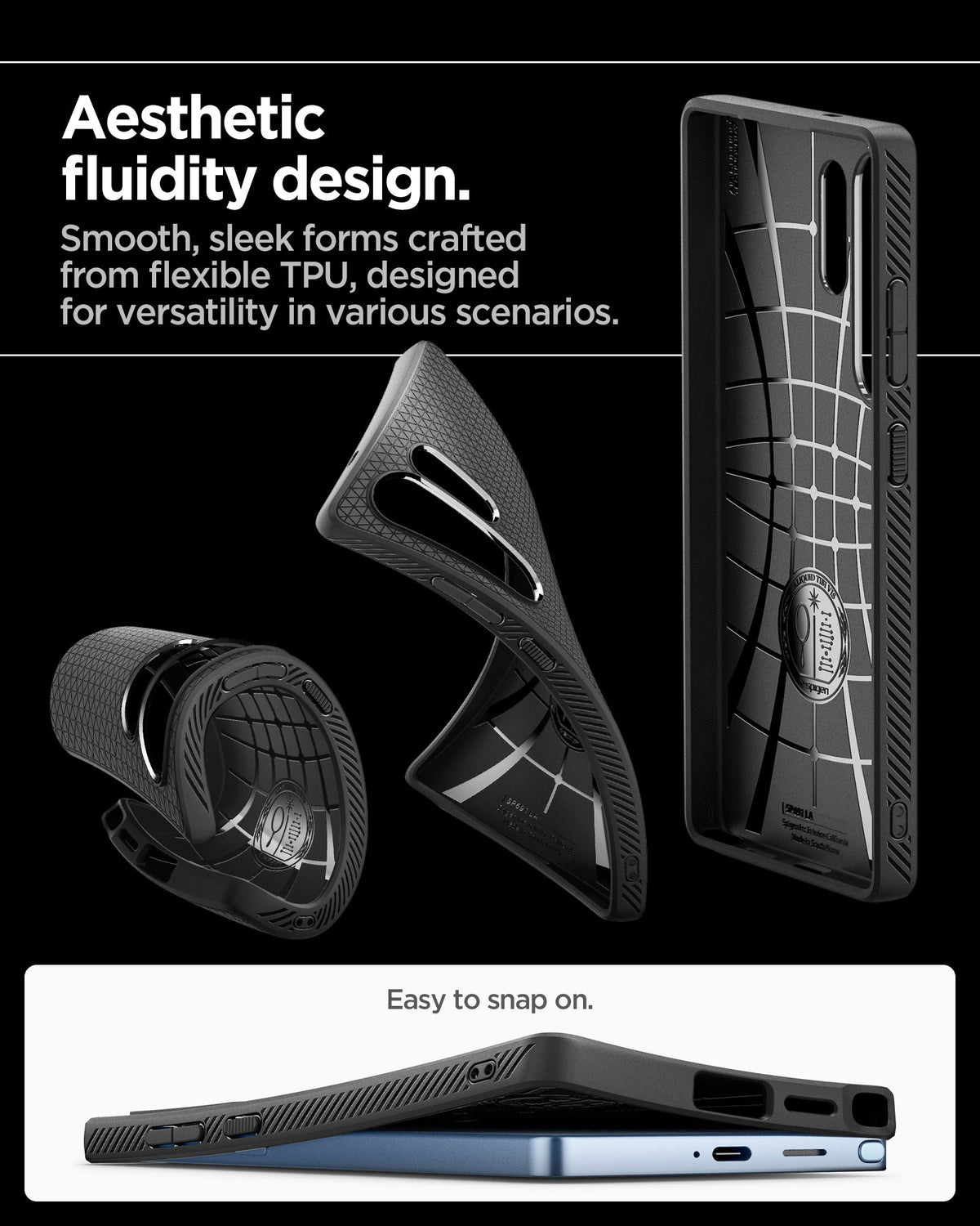 ACS08953 - Galaxy S25 Ultra Case Liquid Air in Matte Black showing the aesthetic fluidity design. Smooth, sleek forms crafted from flexible TPU, designed for versatility in various scenarios. East to snap on