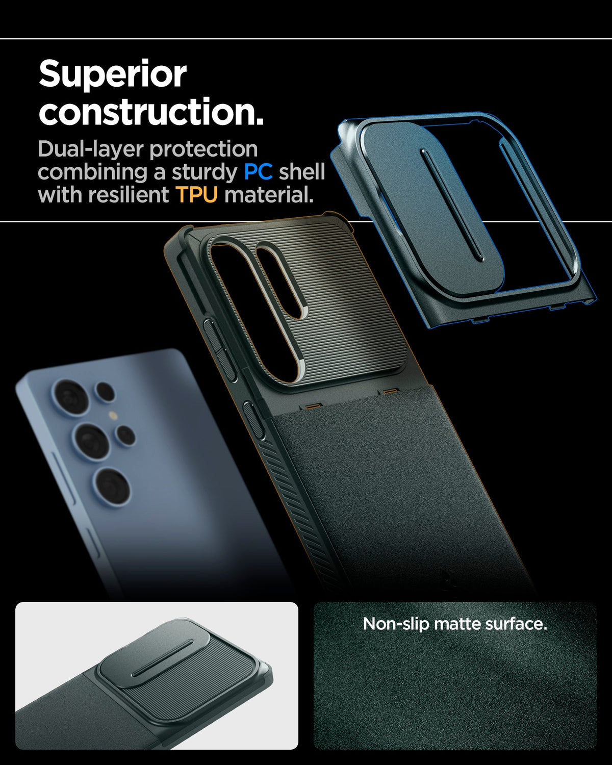 ACS08970 - Galaxy S25 Ultra Case Optik Armor in Abyss Green superior construction. Dual-layer protection combining a sturdy PC shell with resilient TPU material.