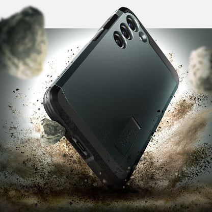 ACS05720 - Galaxy S23 Case Tough Armor in abyss green showing back in front of the rock.